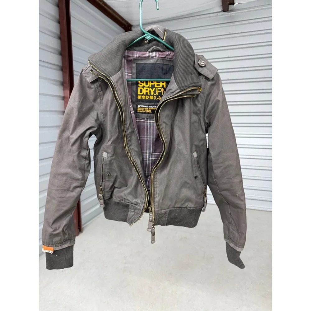 Superdry Safari Wax Harrington Jacket Charcoal Grey Plaid Lined Kids Medium